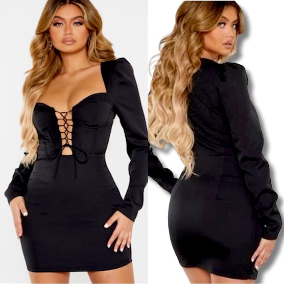 PrettyLittleThing Dresses & Skirts - PrettyLittleThing Black Lace Up Bodycon Dress Sz. 8 NWT